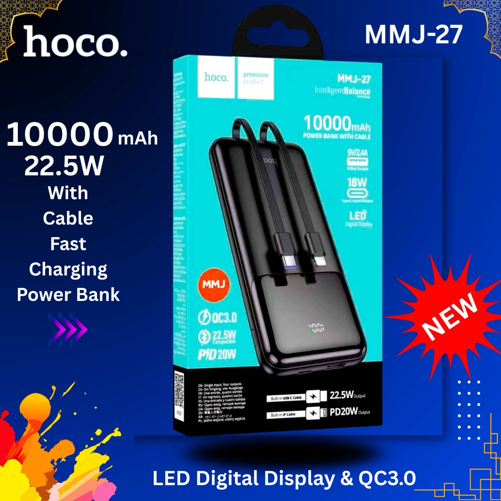 Hoco MMJ-27 10000mAh 22.5W Fast Charging Power Bank with Built-in Cables