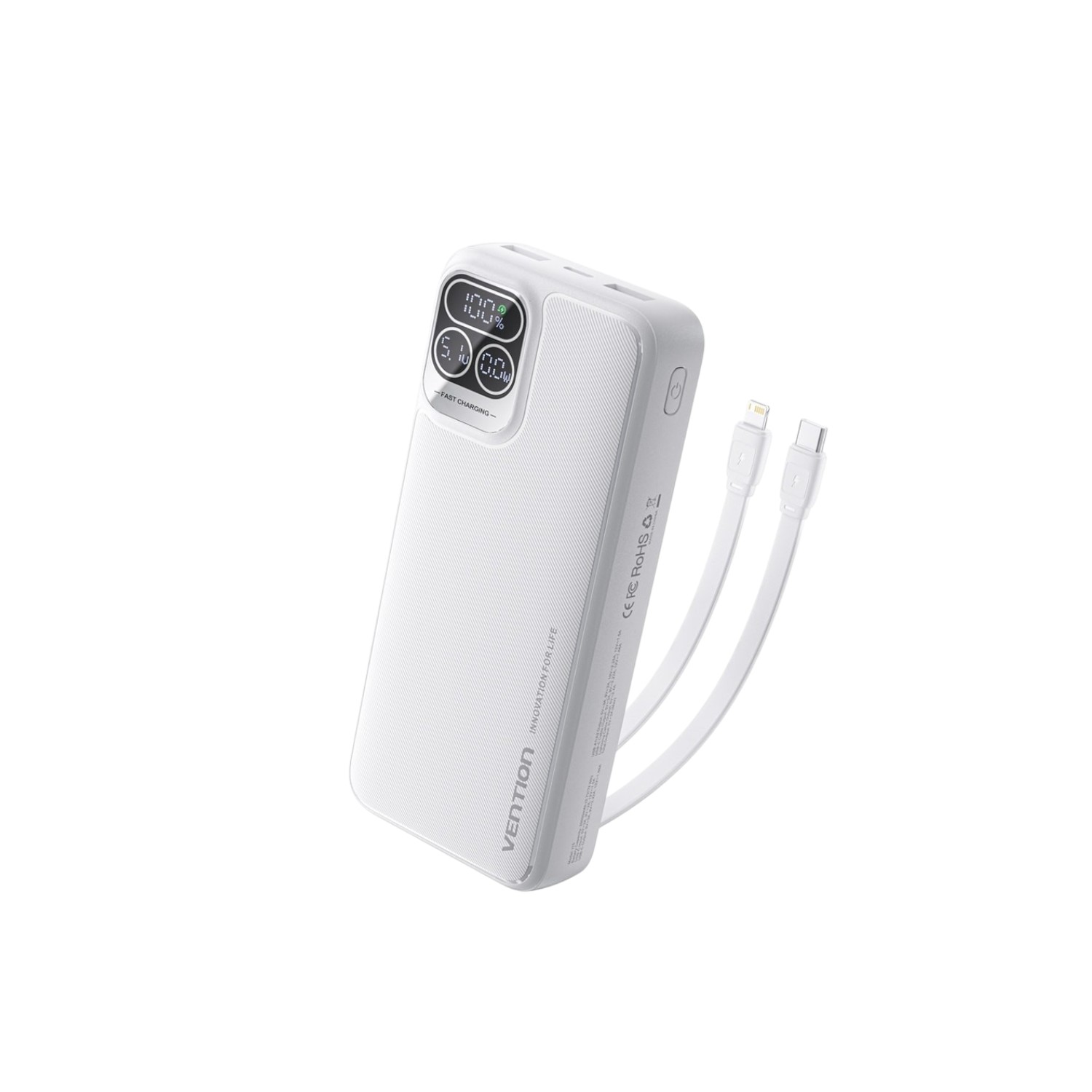 VENTION I15BB-V2 20000mAh 22.5W Power Bank with Built-in USB-C & Lightning Cables - White