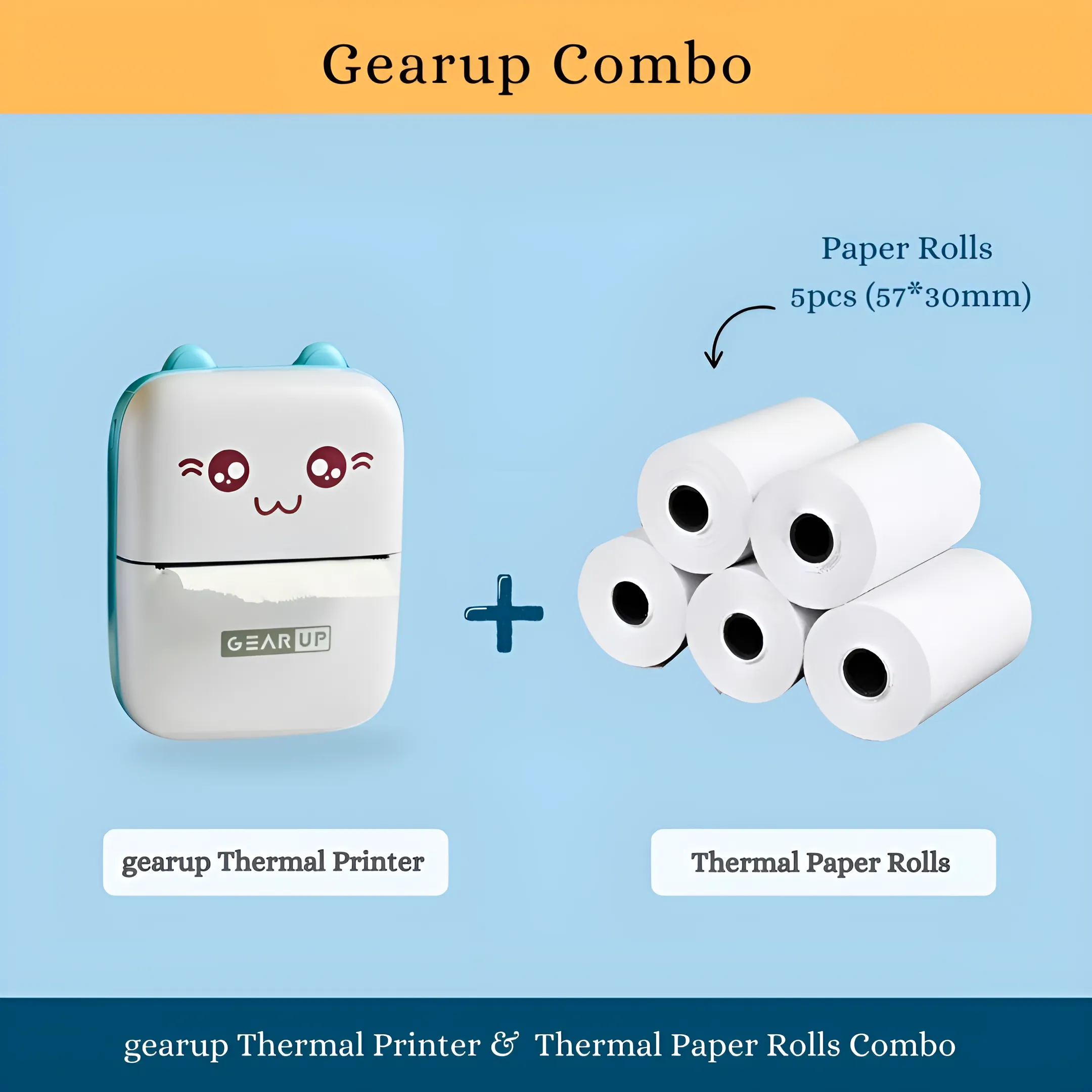 Gearup Thermal Printer & Thermal Paper Rolls Combo - Blue Color