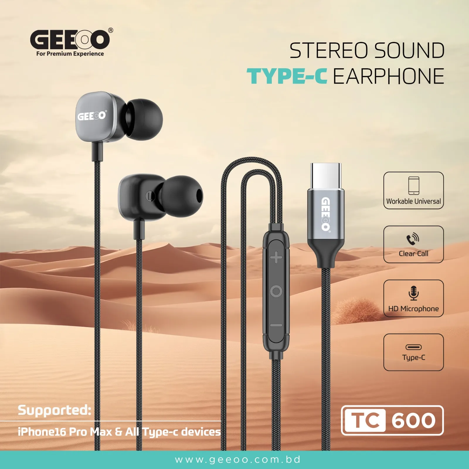 GEEOO TC600 Type-C Ultra Bass Earphone - Black