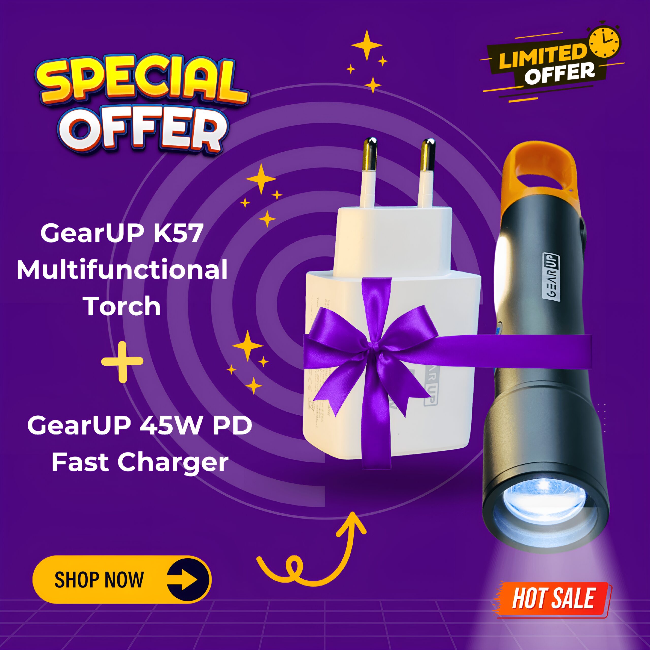 স্পেশাল অফার !! GearUP K57 Multifunctional Rechargeable Torch & GearUP GP007 45W Fast Charging PD Combo