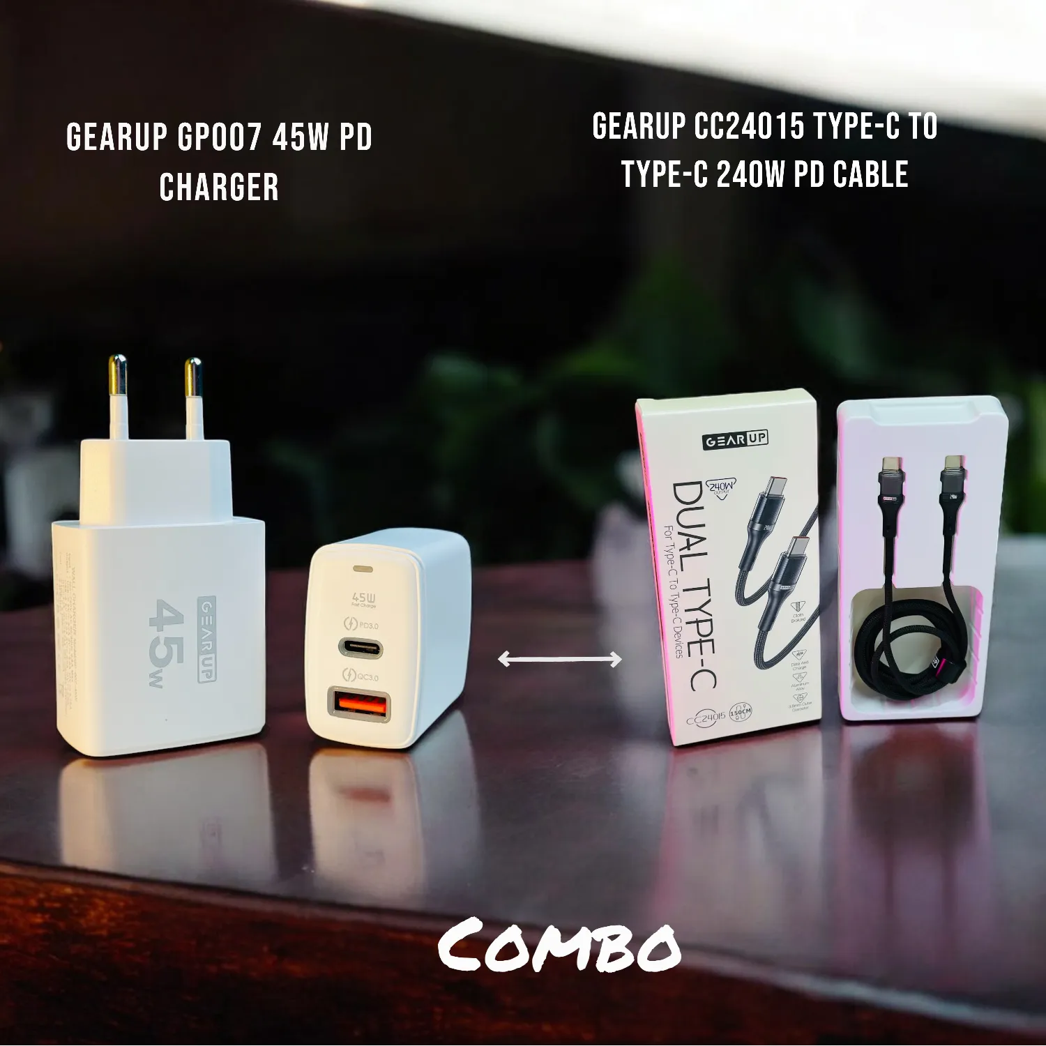 GearUP GP007 45W Fast PD Charger & GearUP CC24015 Type-C to Type-C 240W PD cable Combo